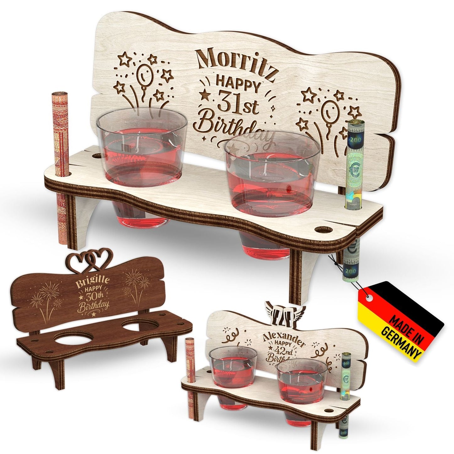 Personalisierter Holzständer mit Schnapsgläsern als Geburtstagsgeschenk