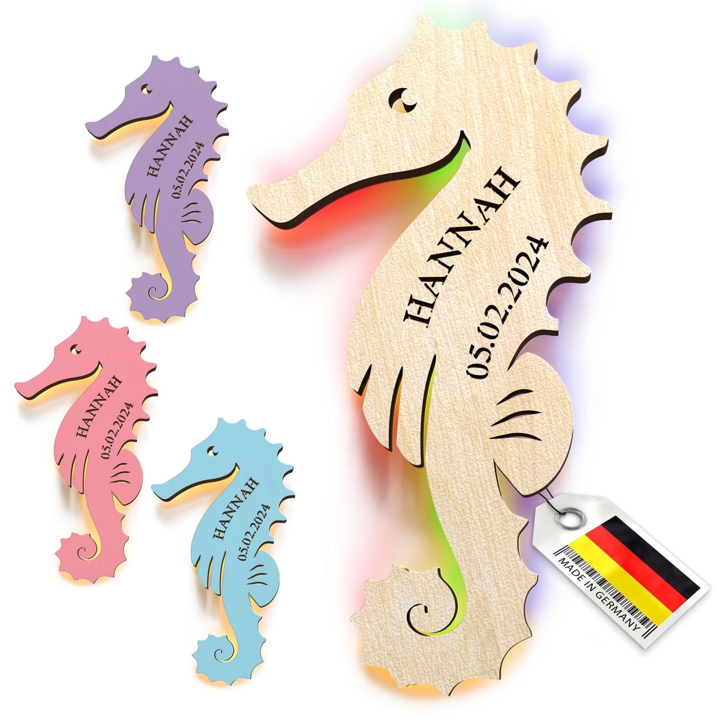 Holzseepferdchen Deko-Plaketten mit personalisierbarer Gravur für Kinderzimmer