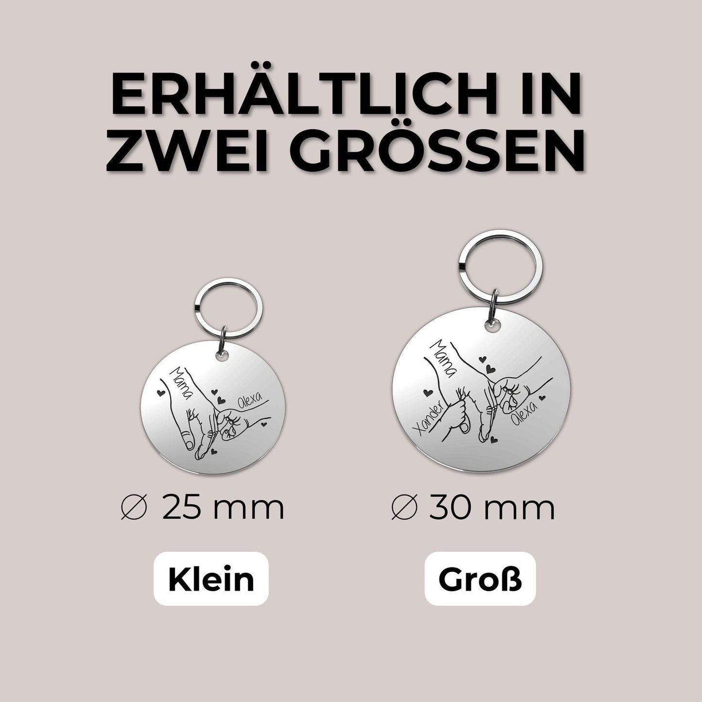 Runder Schlüsselanhänger mit Hand-in-Hand Gravur aus Edelstahl personalisiert