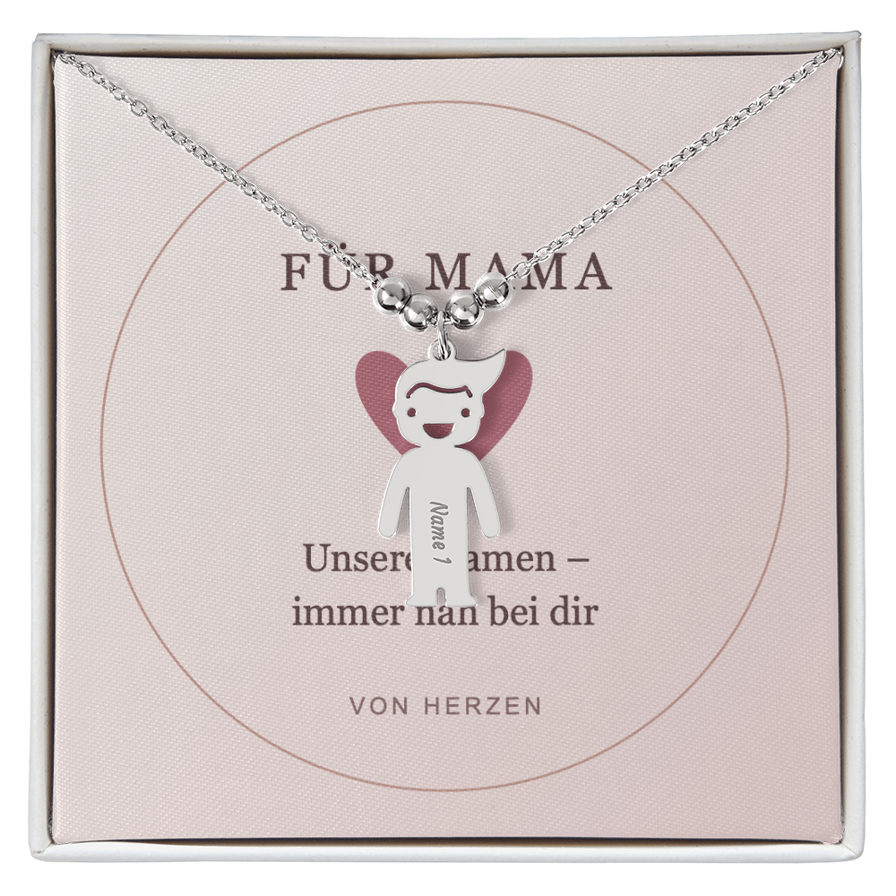 Silberfarbene Kette mit einem Jungenanhänger und Motivkarte
