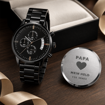 Schwarze Chronograph-Uhr mit Papa-Gravur – Hauptansicht