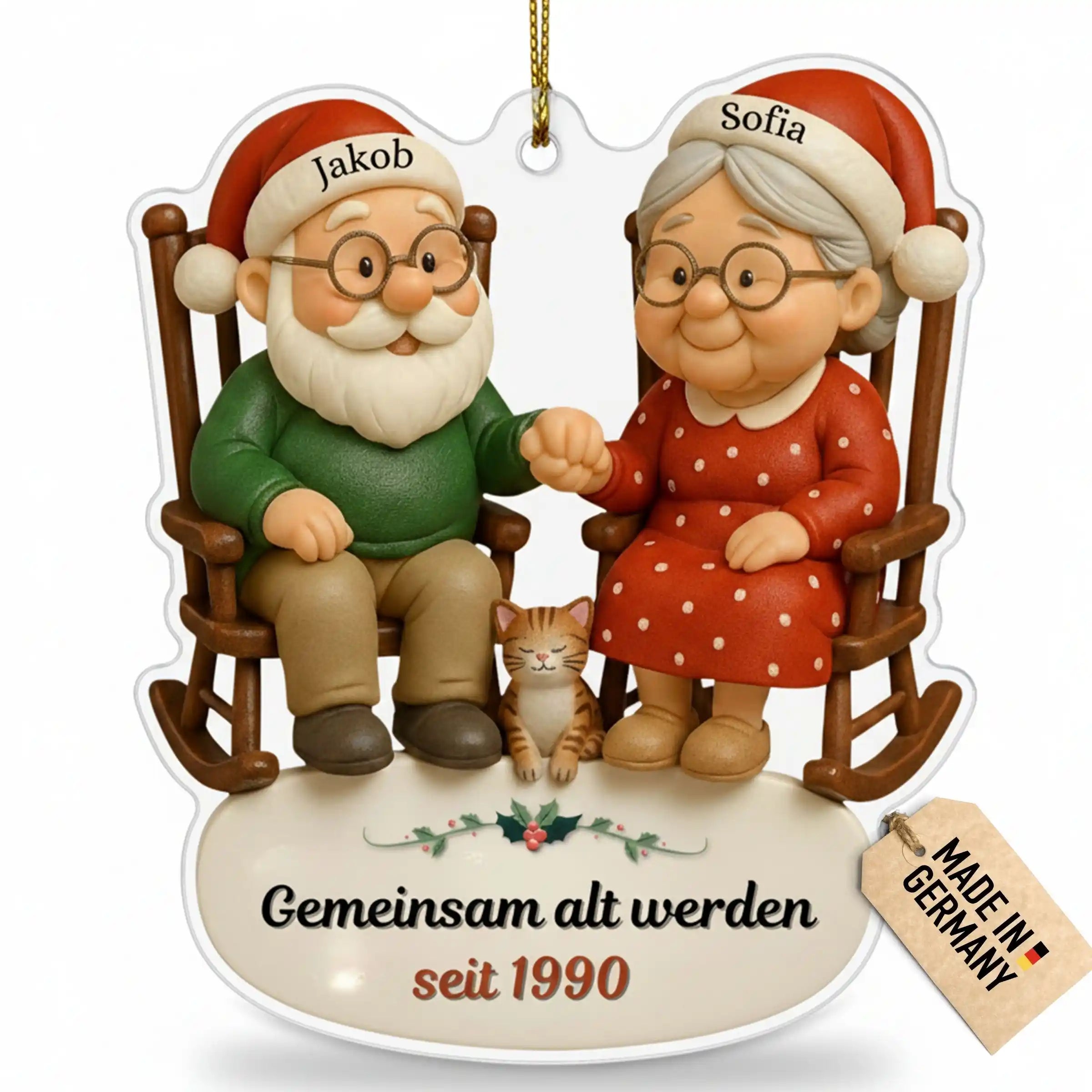 Personalisierte Weihnachtskugel Paar in Schaukelstühlen mit Katze