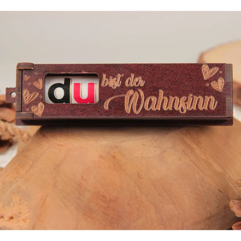 Engraved wooden box with letter tiles for gift packaging in gravierte holzbox style