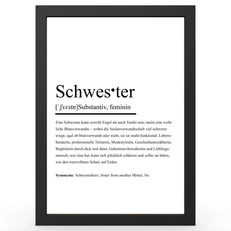 Framte Definitionsposter Schwester im Duden-Stil als Geschenk und Wanddeko