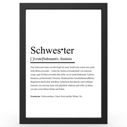 Framte Definitionsposter Schwester im Duden-Stil als Geschenk und Wanddeko