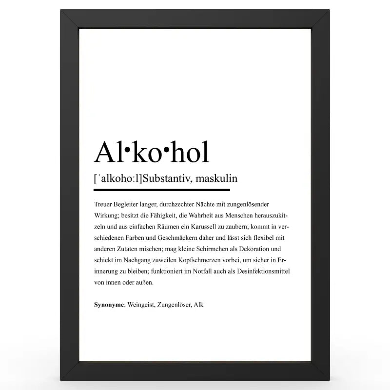 Framed definitionsposter Alkohol im Duden-Stil als Geschenk und Wanddeko
