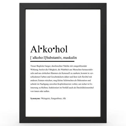 Framed definitionsposter Alkohol im Duden-Stil als Geschenk und Wanddeko