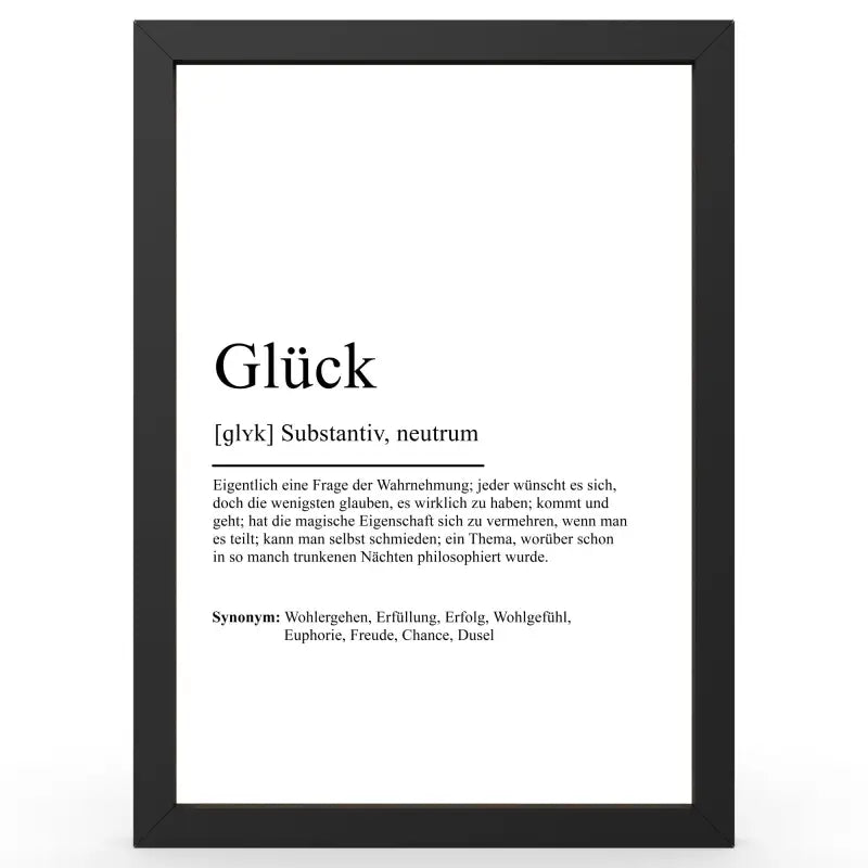 Framed definition of Glück im Duden-Stil als Geschenk auf einem Definitionsposter