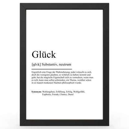 Framed definition of Glück im Duden-Stil als Geschenk auf einem Definitionsposter