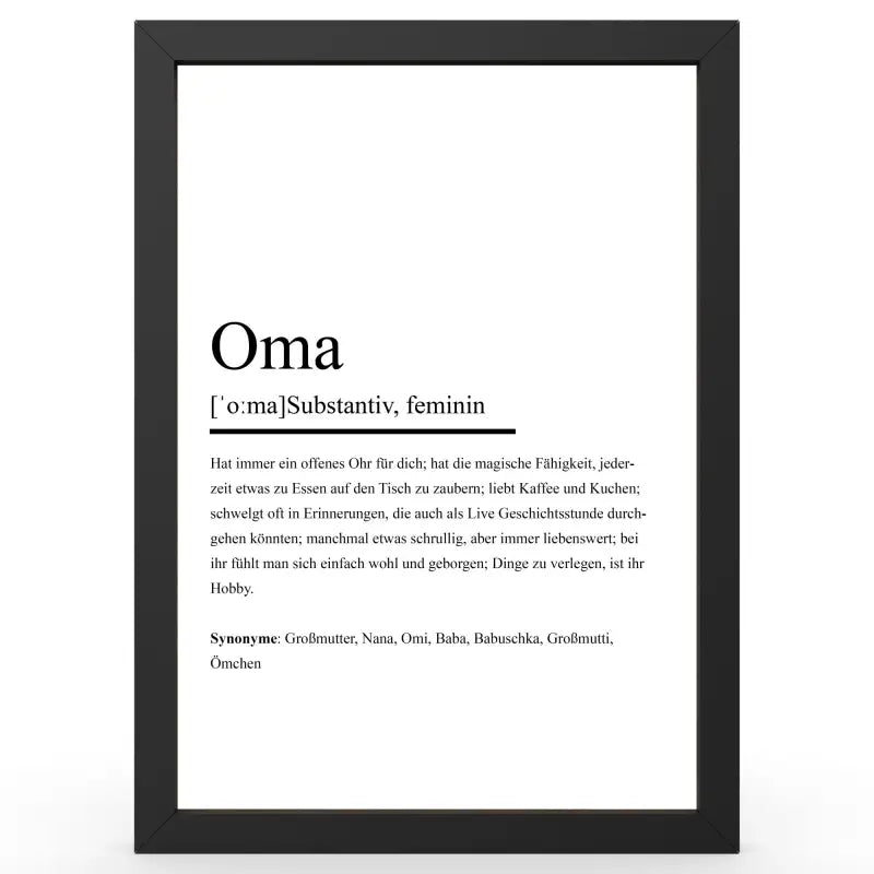 Framte Definition von Oma im Duden-Stil als Geschenk und Wanddeko auf einem Definitionsposter