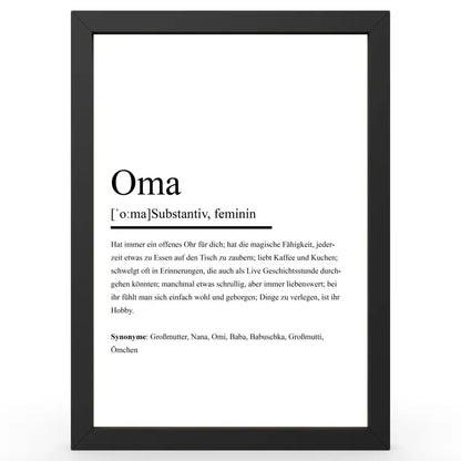 Framte Definition von Oma im Duden-Stil als Geschenk und Wanddeko auf einem Definitionsposter