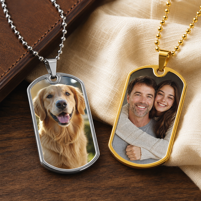 Dog-Tag-Fotokette in Silber und Gold mit Hunde- und Familienfoto