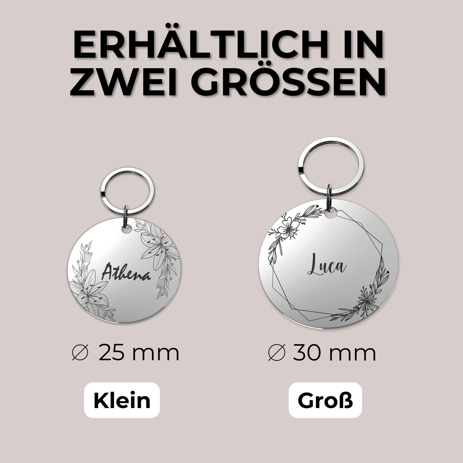 Floraler Schlüsselanhänger rund personalisiert mit Name als Geschenk, Metall mit Blumen