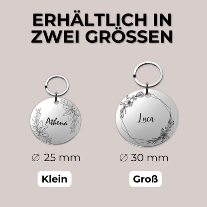 Floraler Schlüsselanhänger rund personalisiert mit Name als Geschenk, Metall mit Blumen