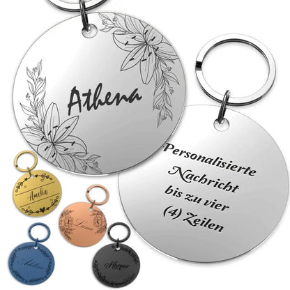 Personalisierter floraler runder Schlüsselanhänger mit Namen als Geschenk
