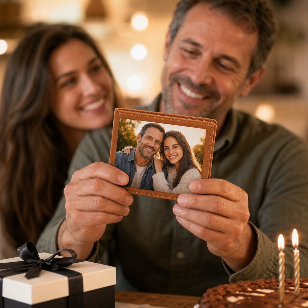 Vater erhält personalisierte Foto-Geldbörse als Geschenk
