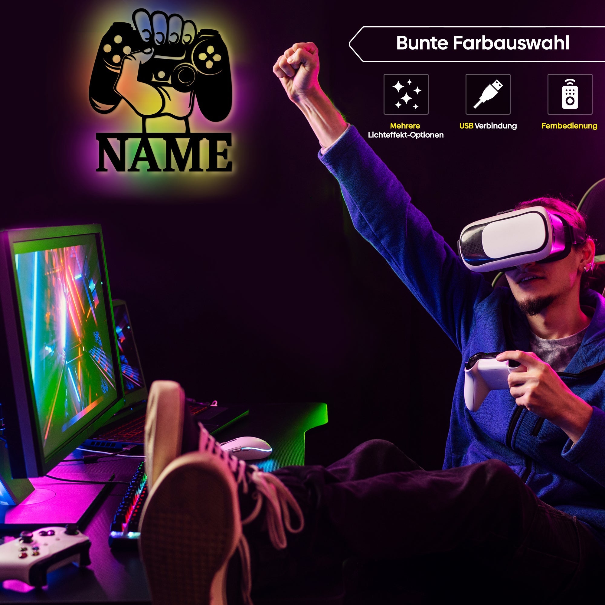 Customisierbare LED Wandleuchte aus Holz mit warmweißem Licht und Controller-Design