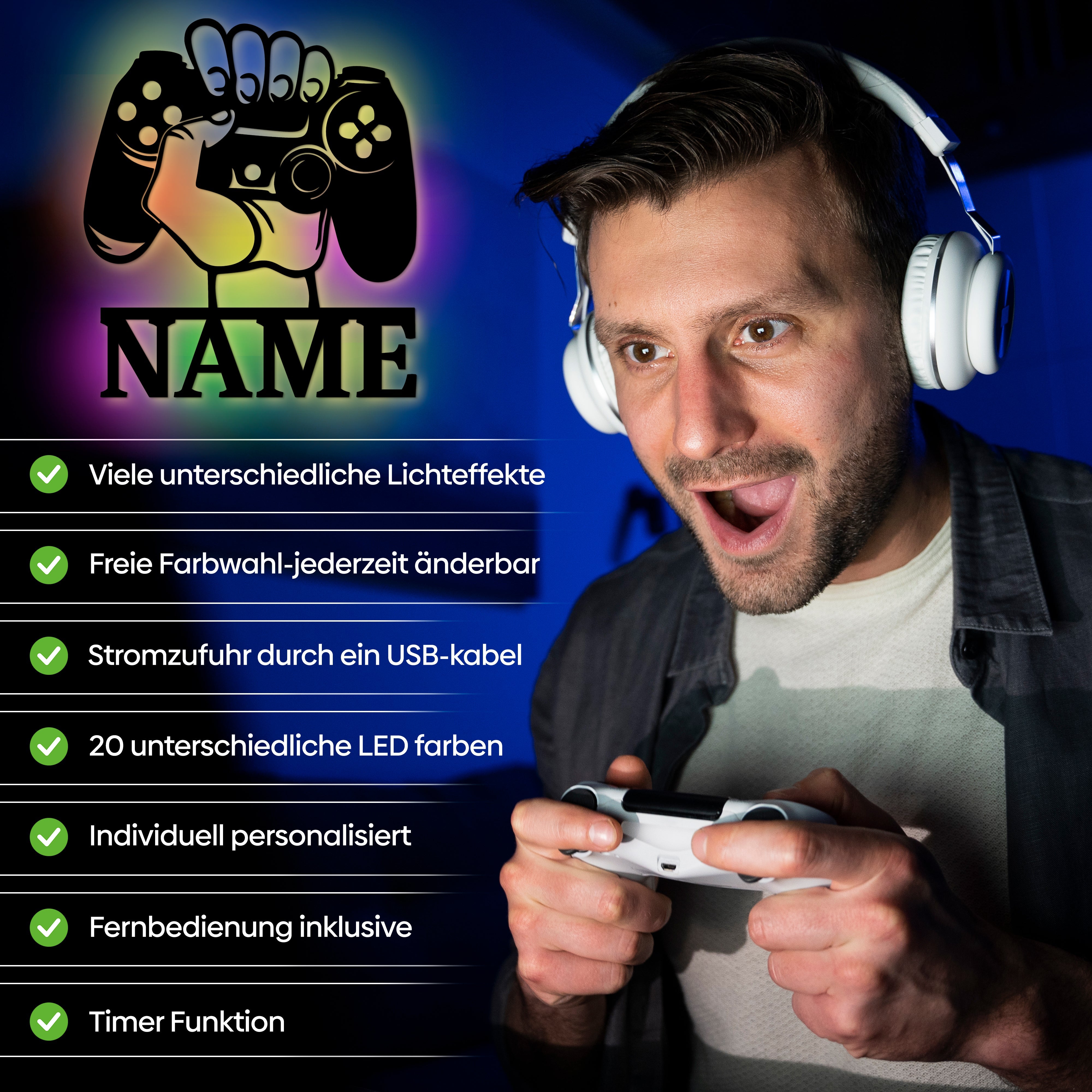 Personalierte Gaming Wandleuchte aus Holz mit warmweißem LED Licht und Lichteffects