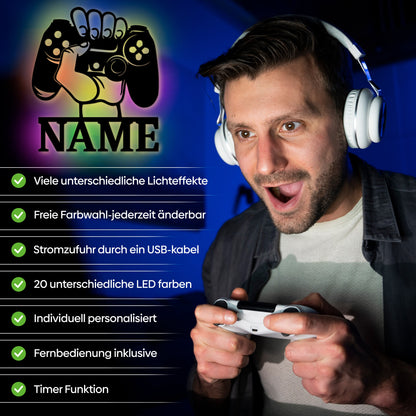 Personalierte Gaming Wandleuchte aus Holz mit warmweißem LED Licht und Lichteffects