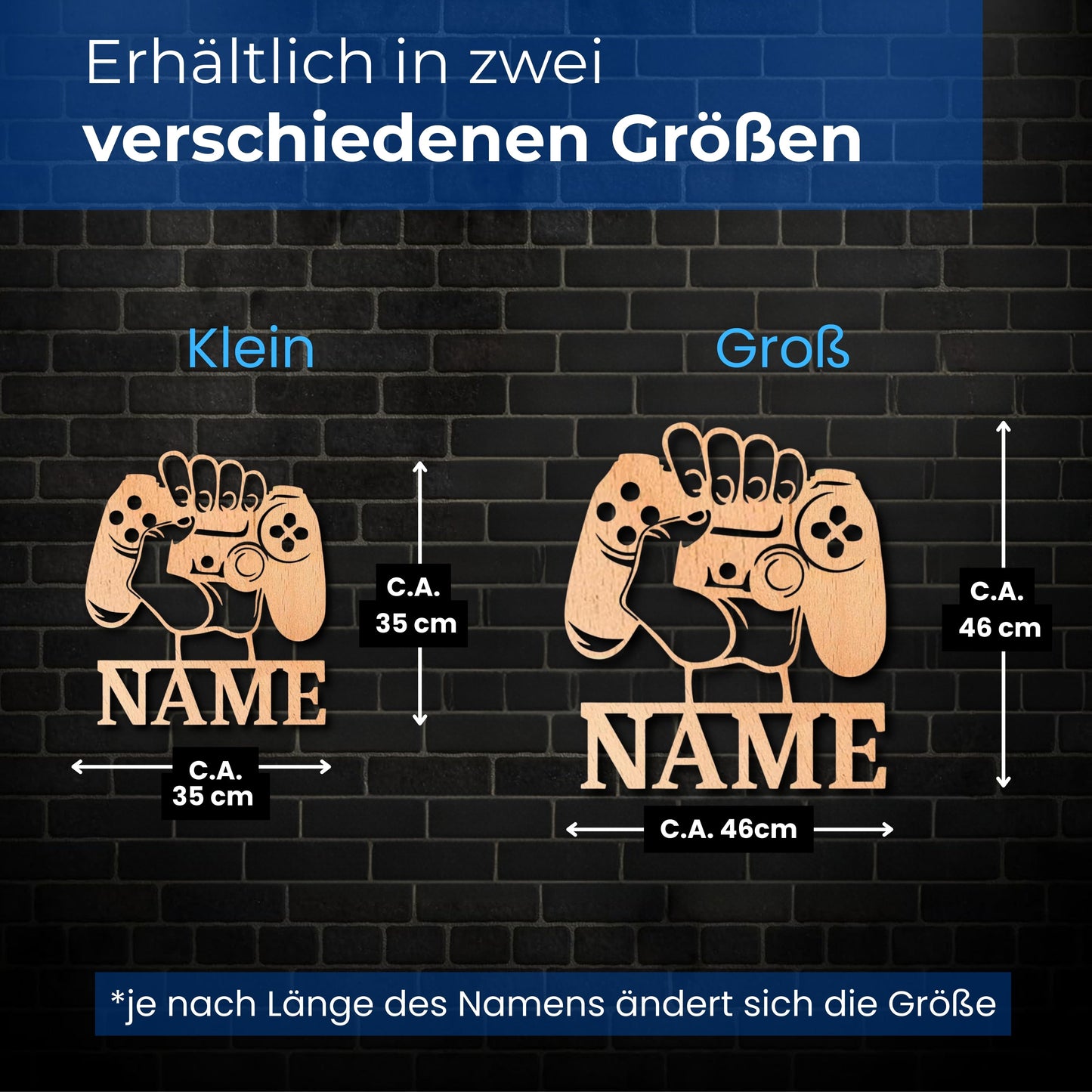 Holz Wandleuchte mit warmweißem LED-Licht, Hand am Controller und Namensgravur