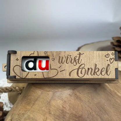 Holzbox Schwangerschaft mit Duplo und Gravur Du wirst Onkel, liebevolle Geschenkidee