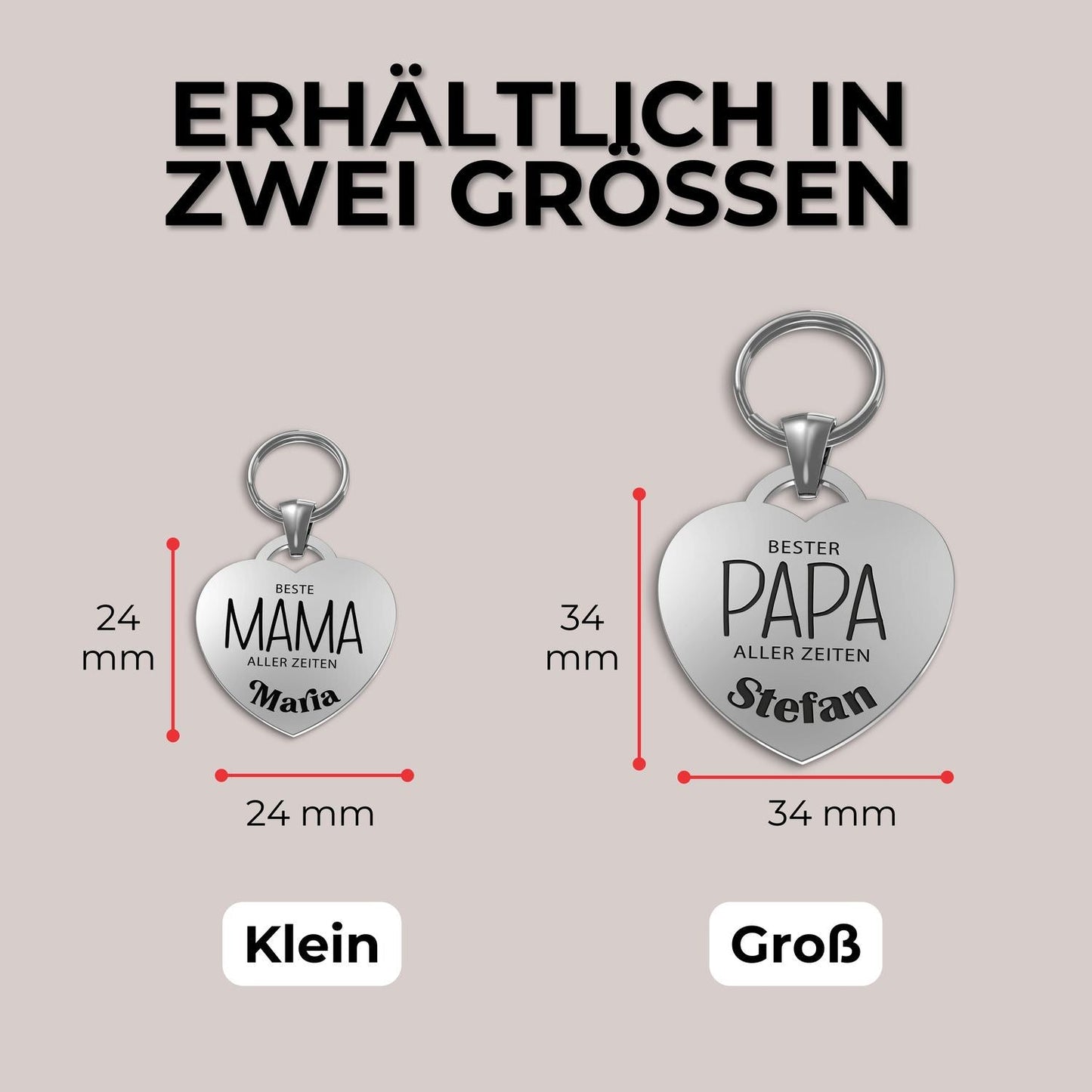 Zwei herzförmige Schlüsselanhänger mit Gravur Beste Mama Papa Oma personalisiert