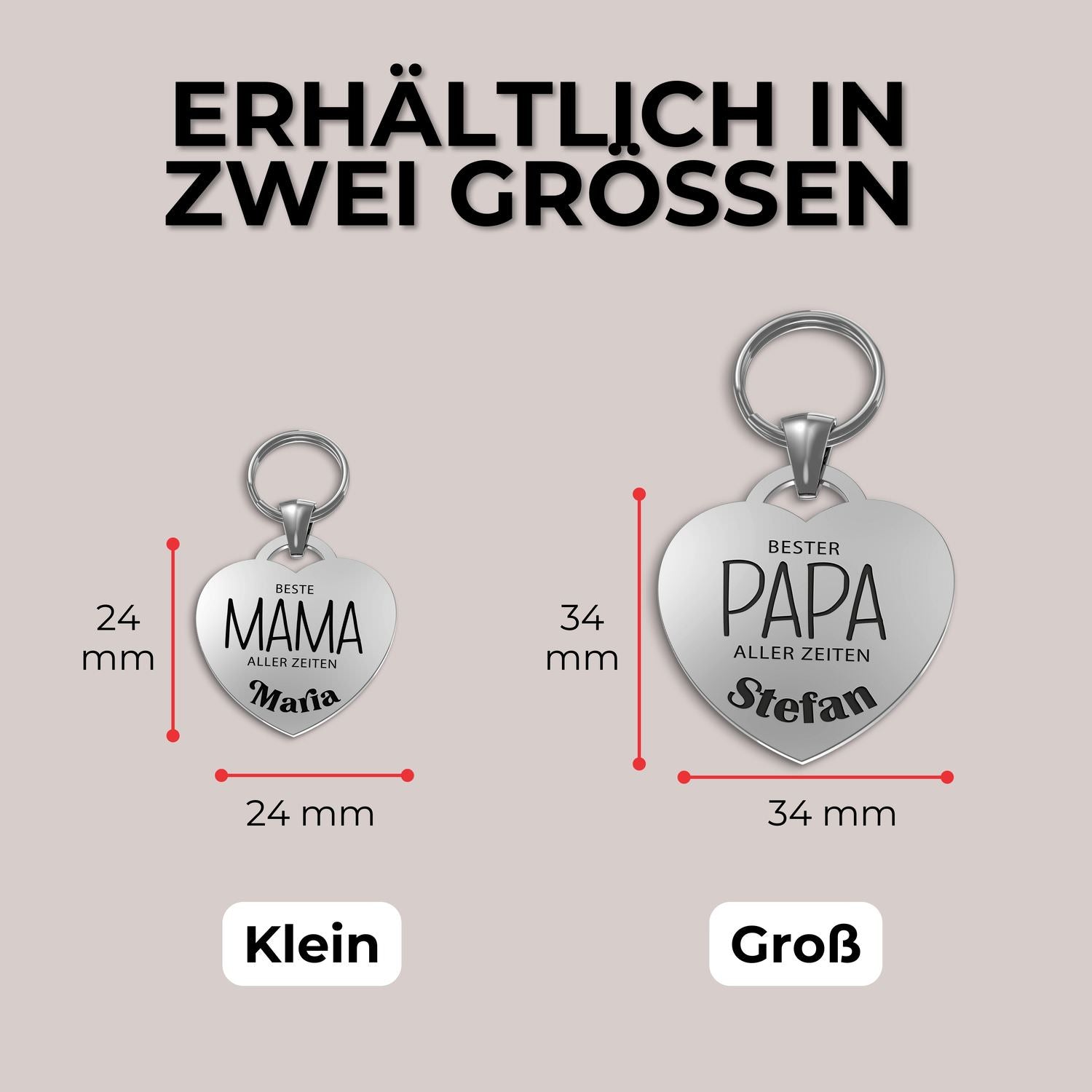 Zwei herzförmige Schlüsselanhänger mit Gravur Beste Mama Papa Oma personalisiert