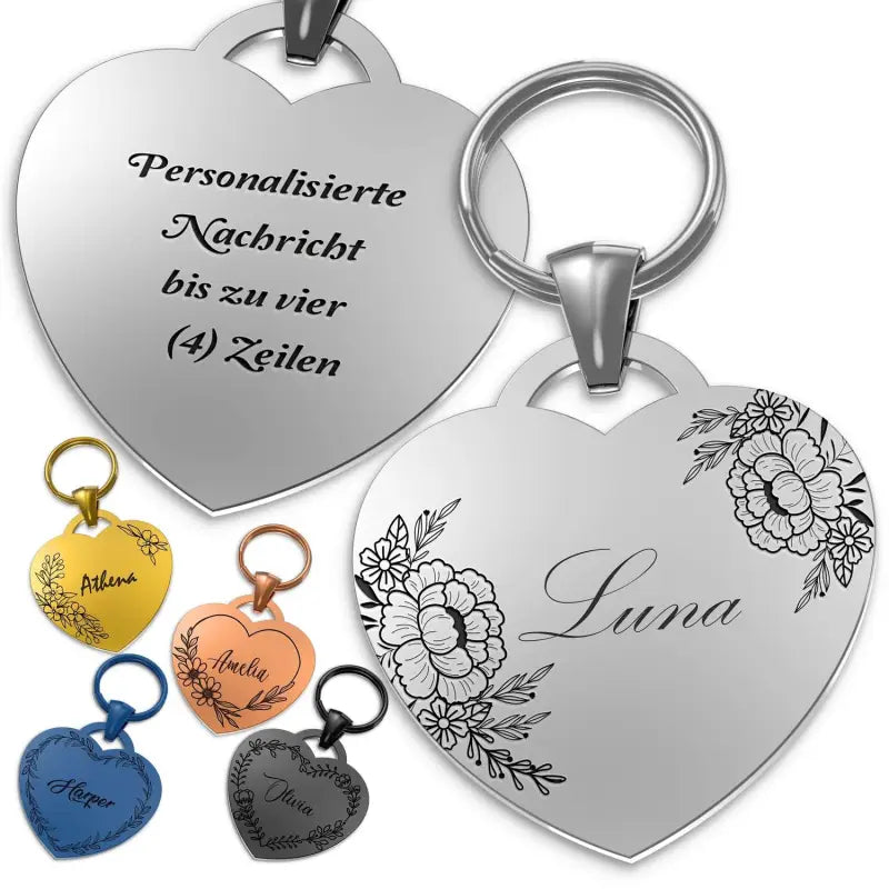 Herz Schlüsselanhänger mit floraler Gravur für besondere Menschen als personalisiertes Geschenk