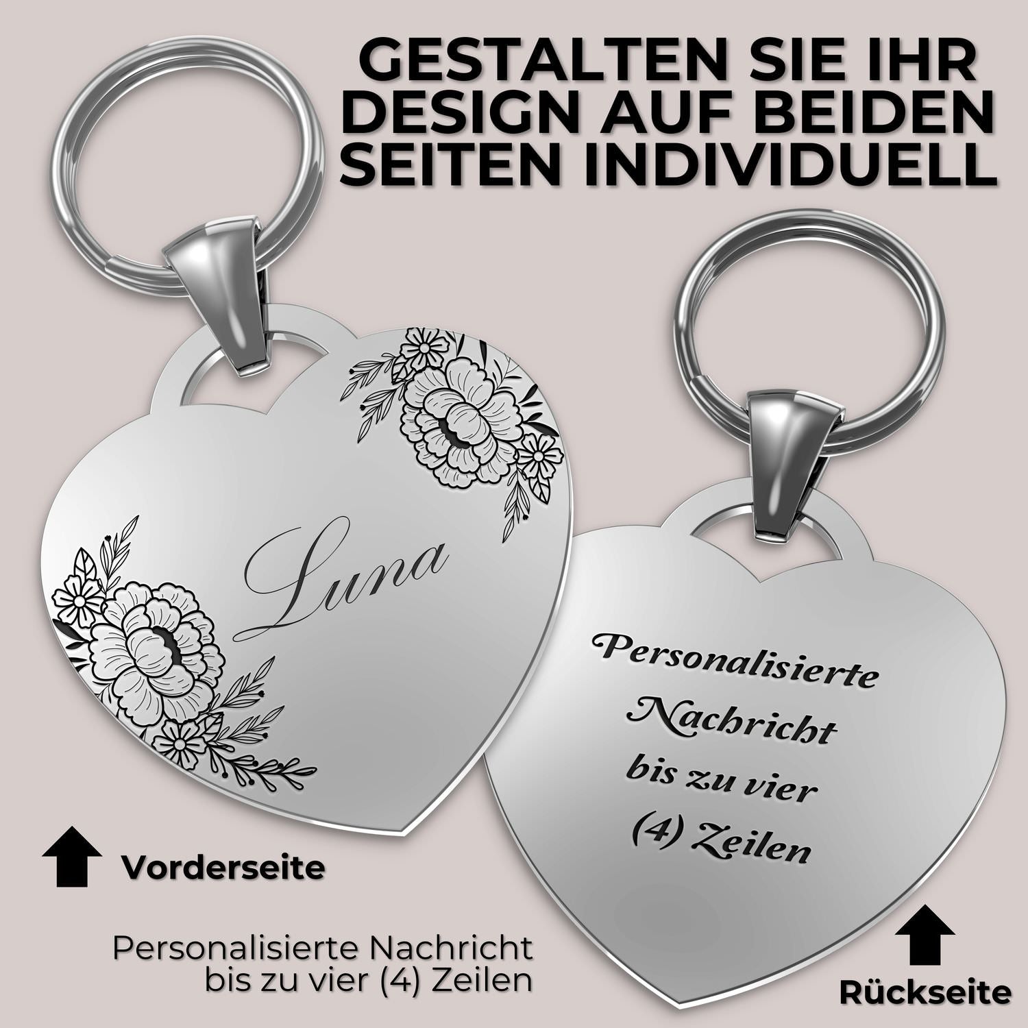 Herz Schlüsselanhänger mit floraler Gravur für besondere Menschen, personalisierbar
