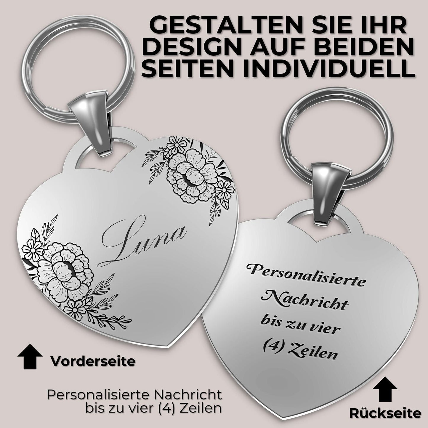 Herz Schlüsselanhänger mit floraler Gravur für besondere Menschen, personalisierbar