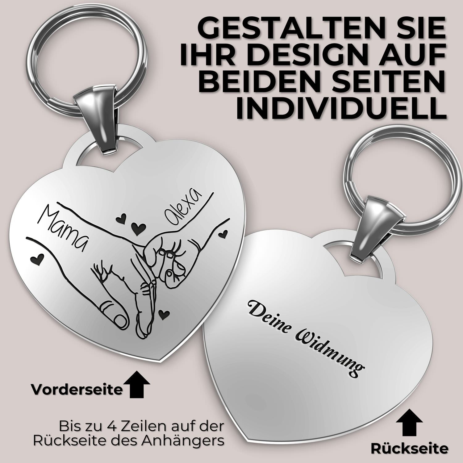 Herz Schlüsselanhänger mit Gravur, Wunschtextgeschenk und personalisierter Mamarückseite