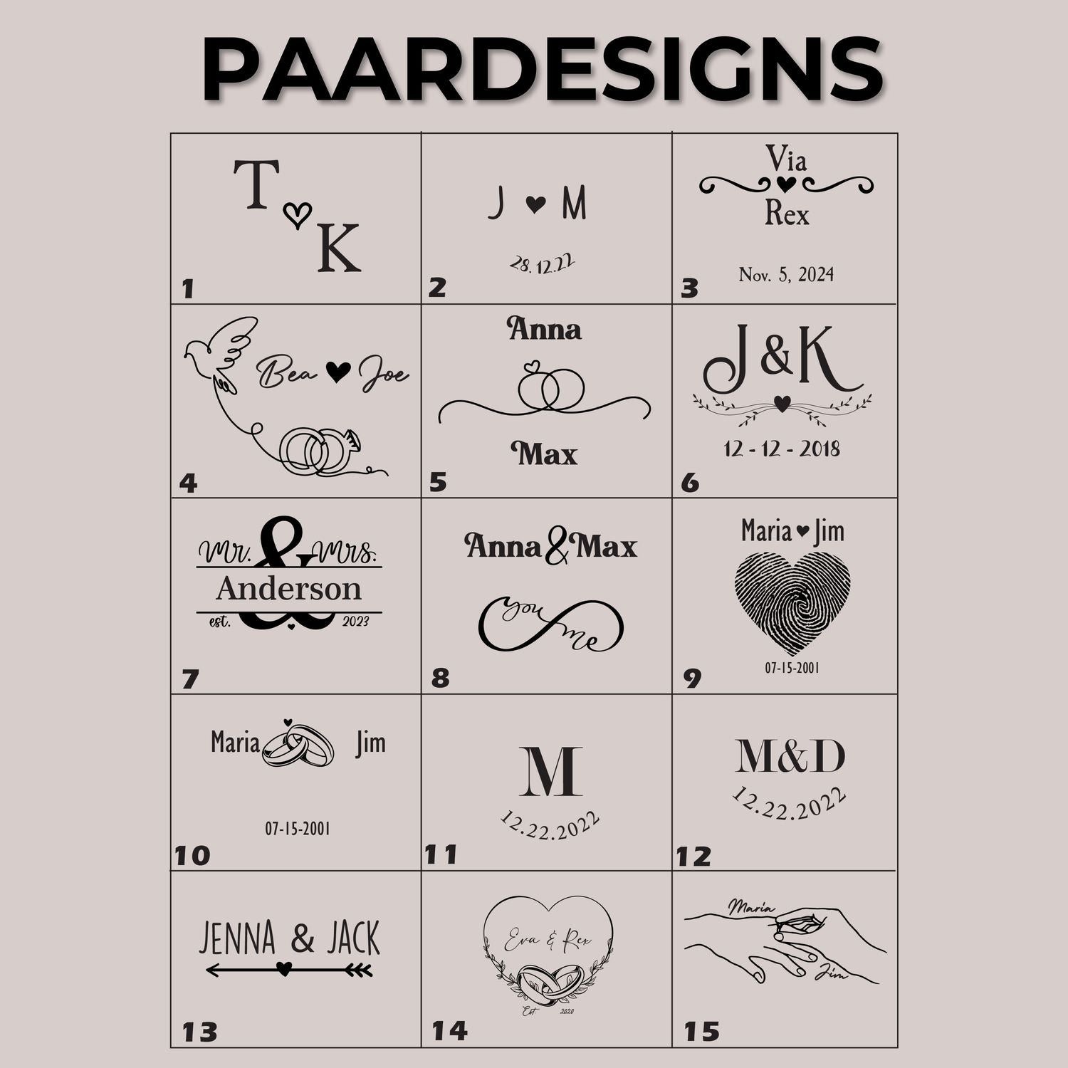 Grid von 15 personalisierbaren Geschenkanhängern mit Personenname und Datumskarte