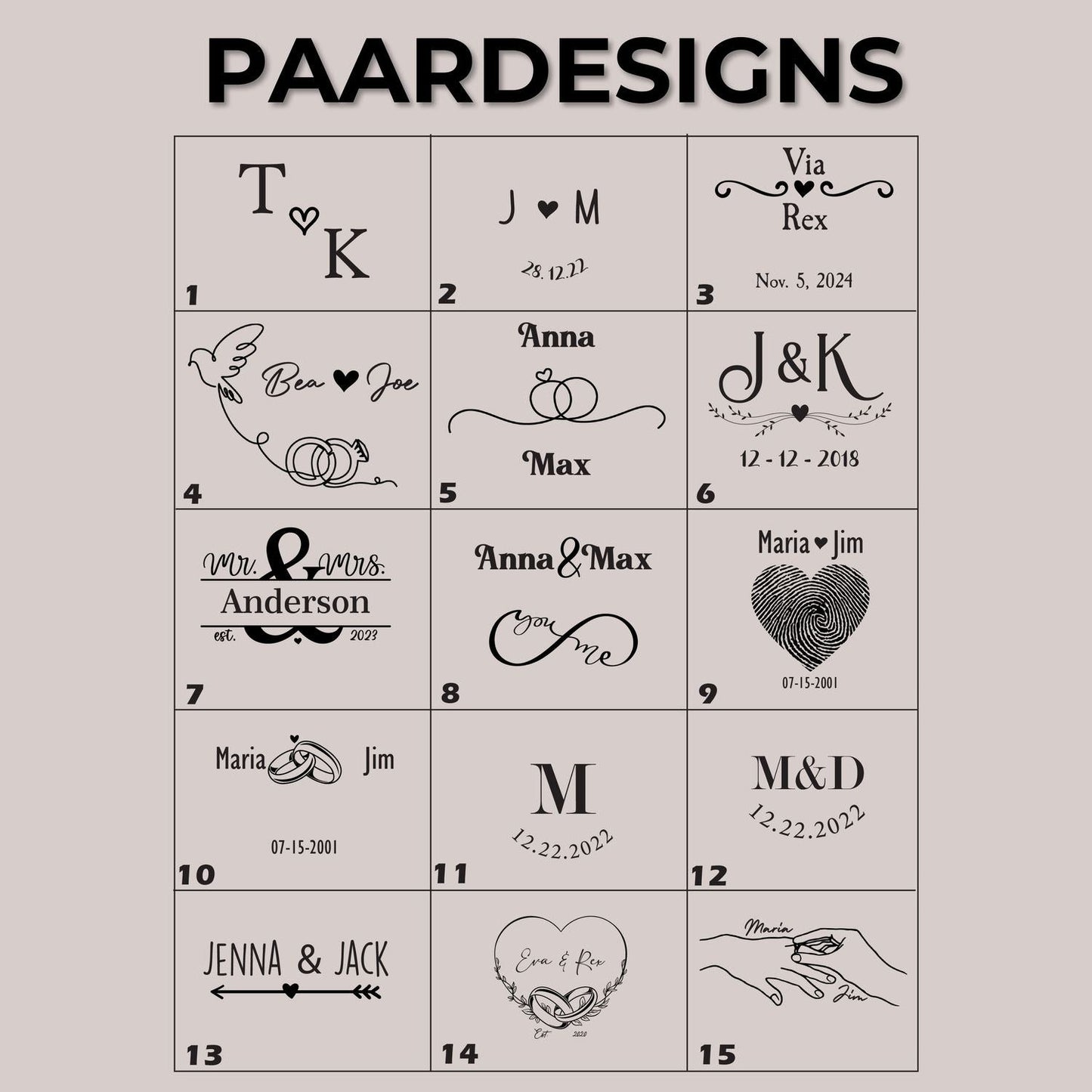 Grid von 15 personalisierbaren Geschenkanhängern mit Personenname und Datumskarte