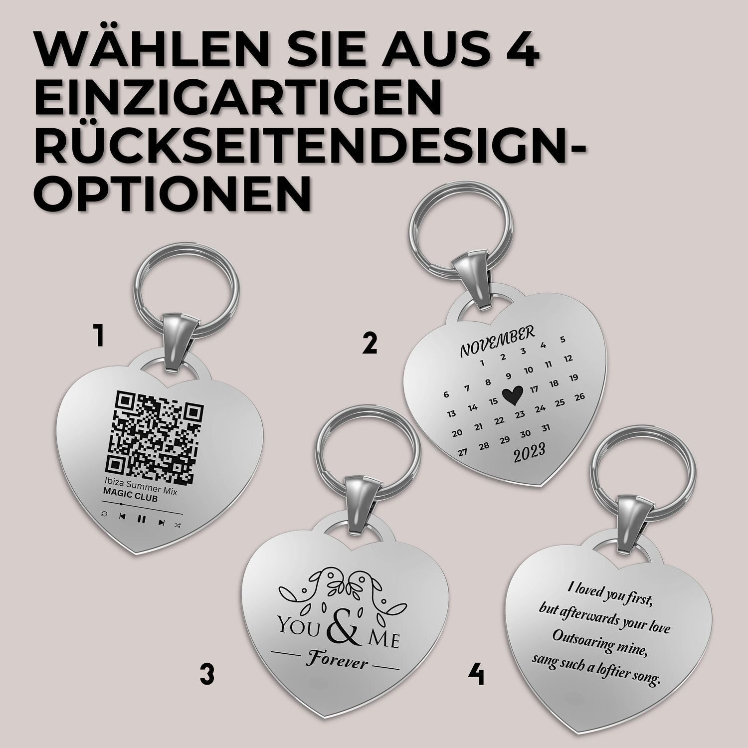Vier herzförmige Geschenkanhänger mit personalisierter Personenname und Datumskarte