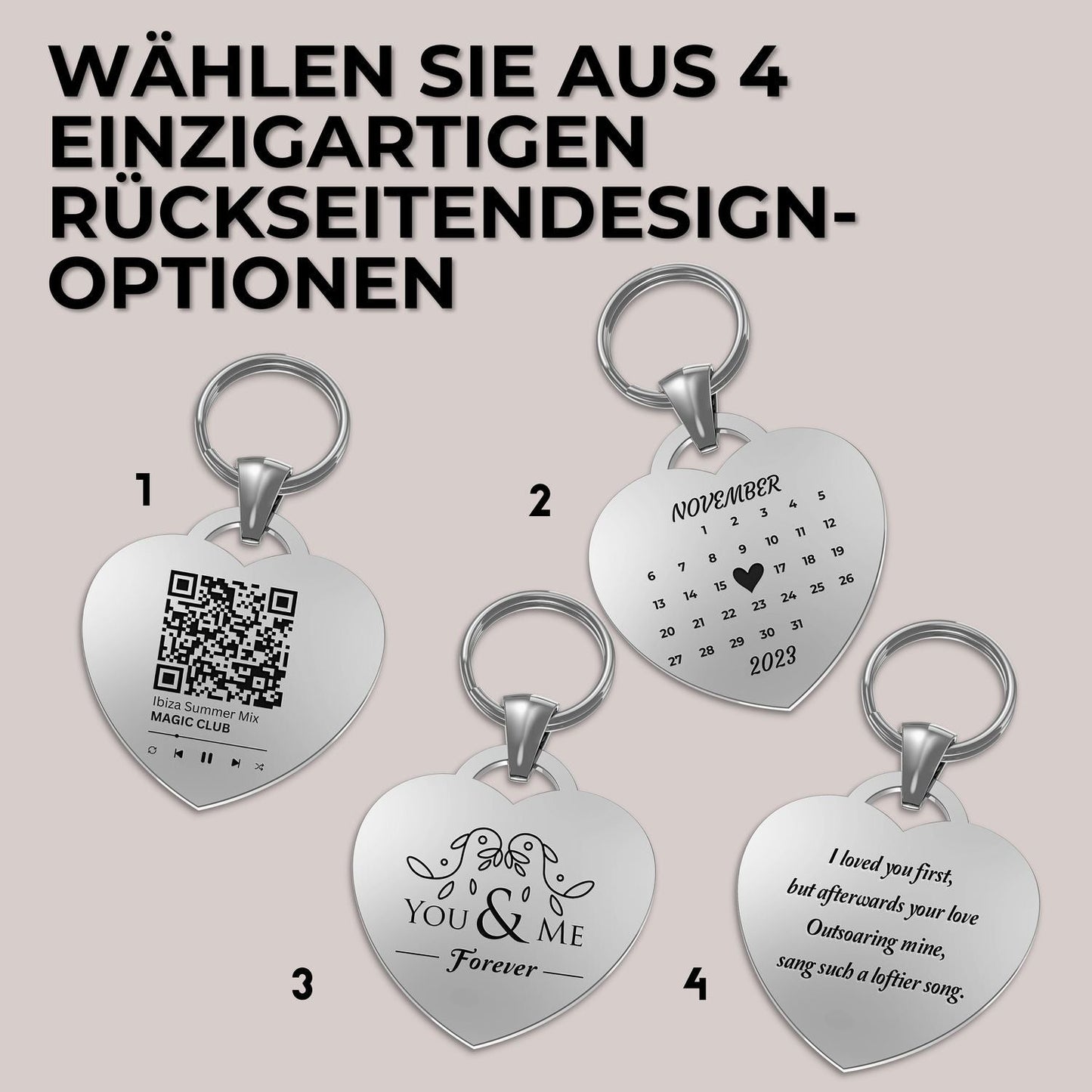 Vier herzförmige Geschenkanhänger mit personalisierter Personenname und Datumskarte