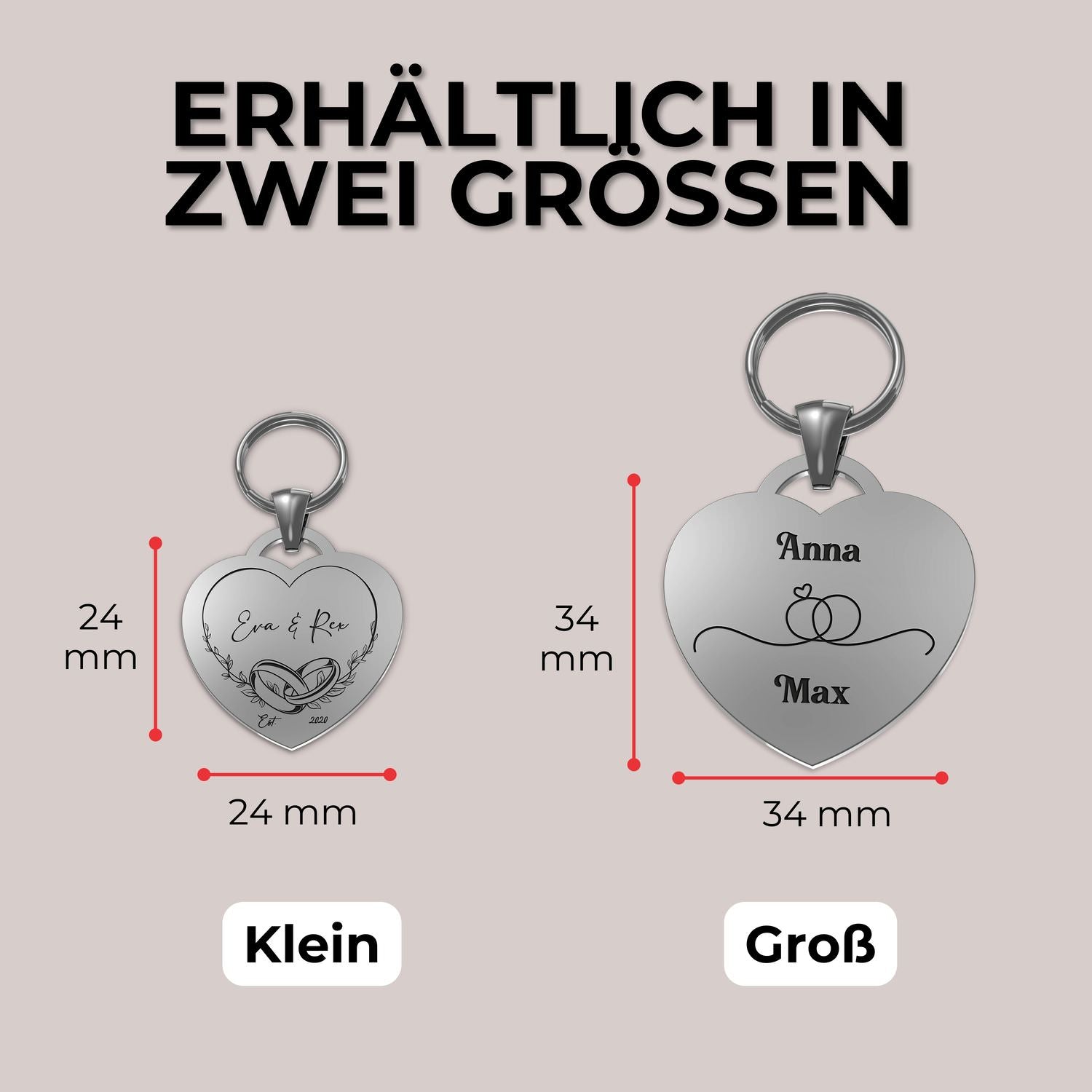 Zwei herzförmige Geschenkanhänger mit personalisiertem Personenname und Datumskarte
