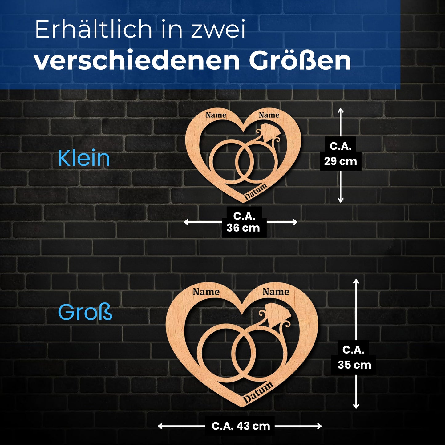 Personalisierte Herz-Wandleuchte für Hochzeit mit Namen und Datum