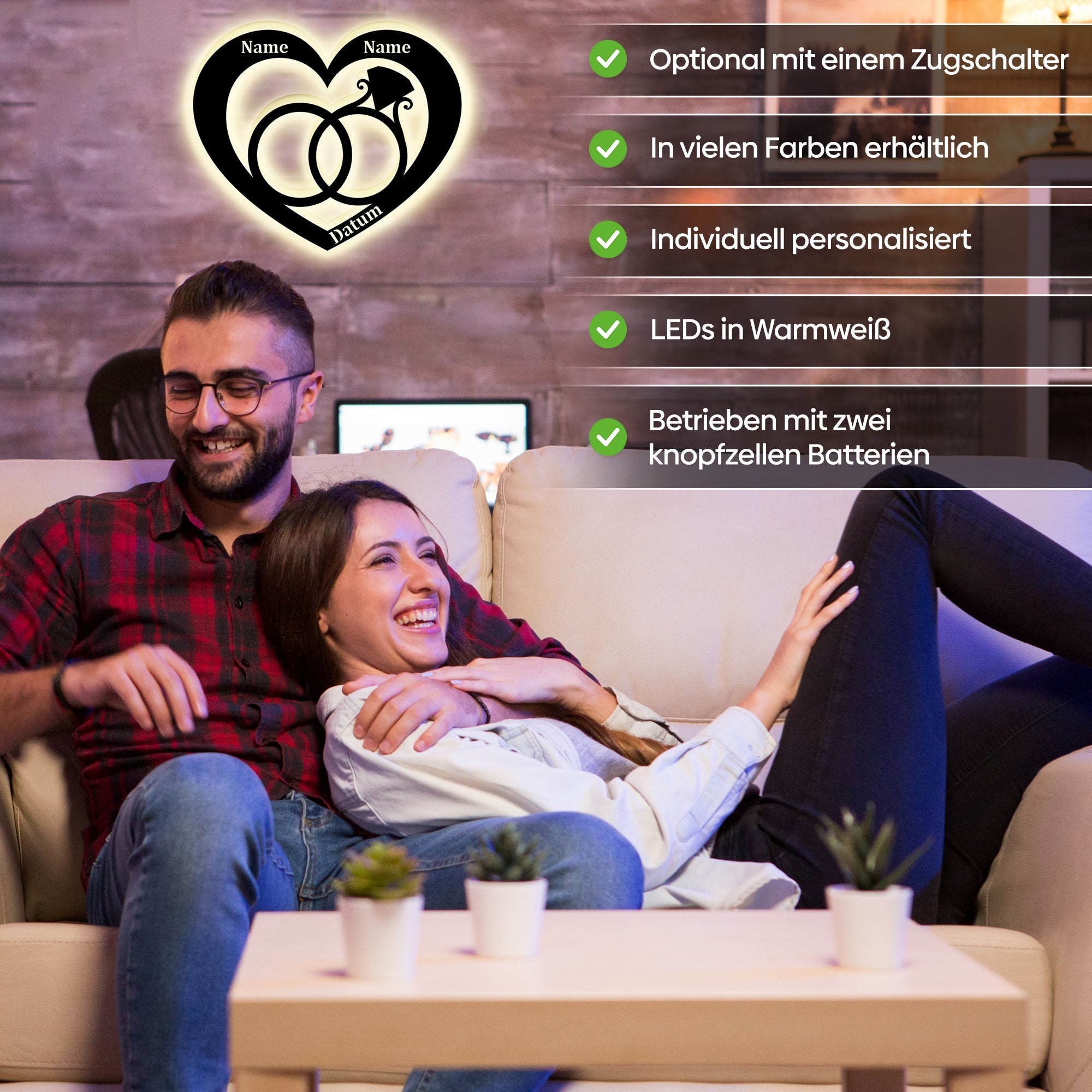 Personalisierte LED Herz-Wandleuchte mit Namen, Datum und interlockenden Ringen für Hochzeit