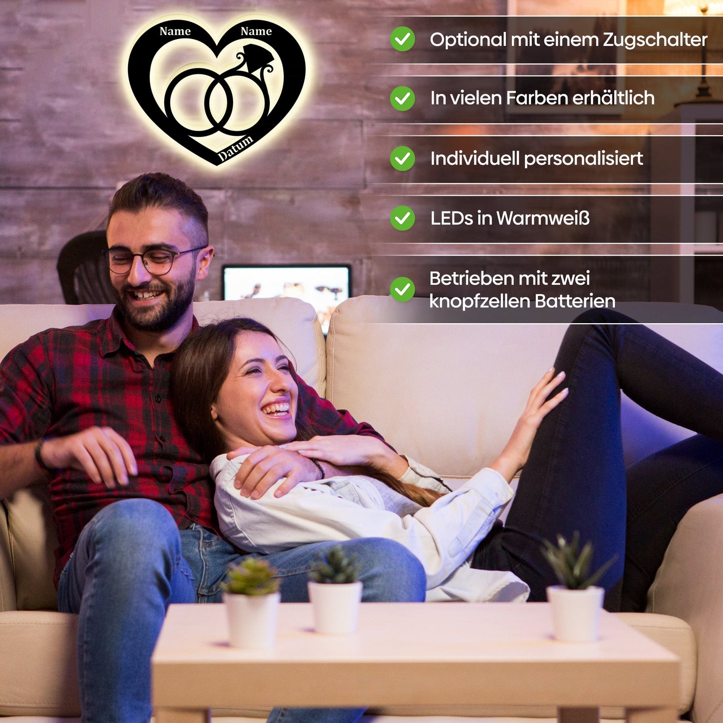 Personalisierte LED Herz-Wandleuchte mit Namen, Datum und interlockenden Ringen für Hochzeit