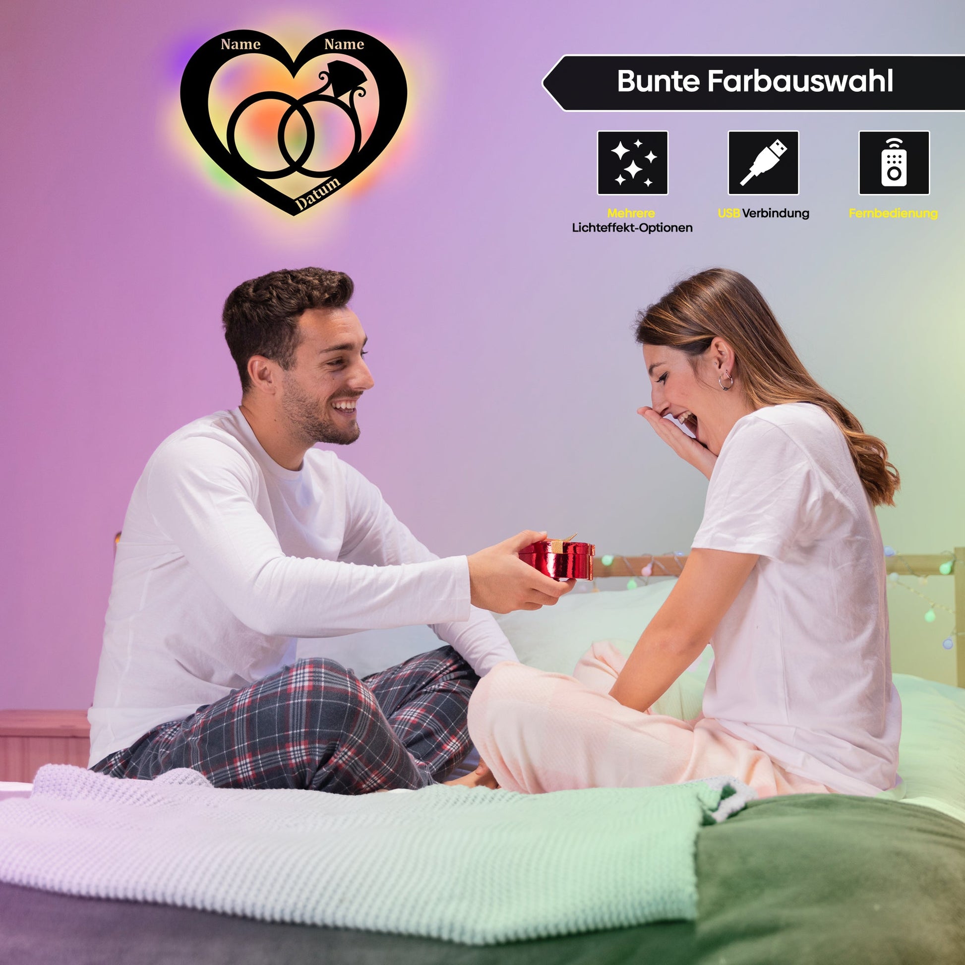 Herz Wandleuchte Hochzeit mit Namen und Datum personalisiert LED Licht mit Eheringen