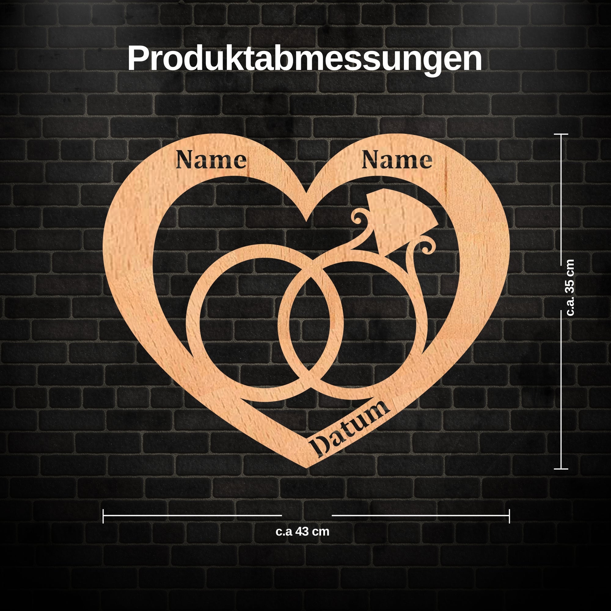 Personalisierte Holzherz-Dekoration mit Namen und Datum für Hochzeit als Wandlampe