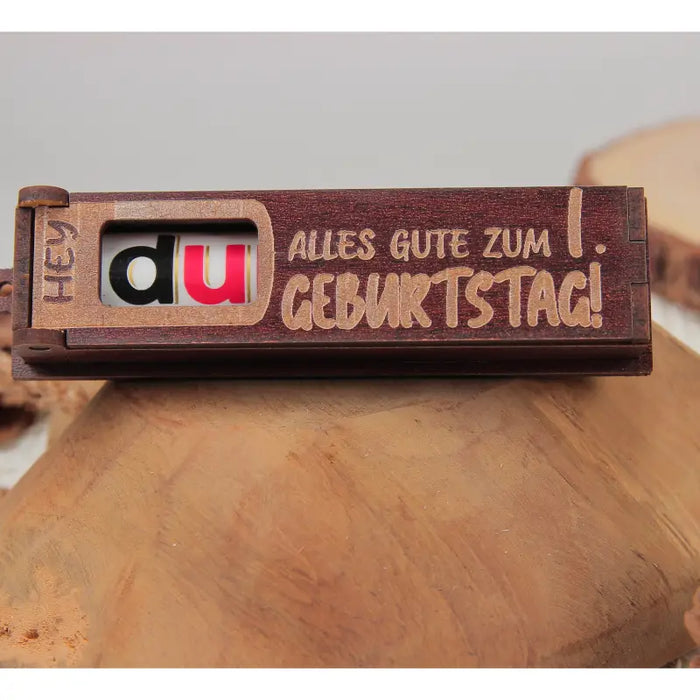 Wooden gift box dark brown with rotating letters for a birthday