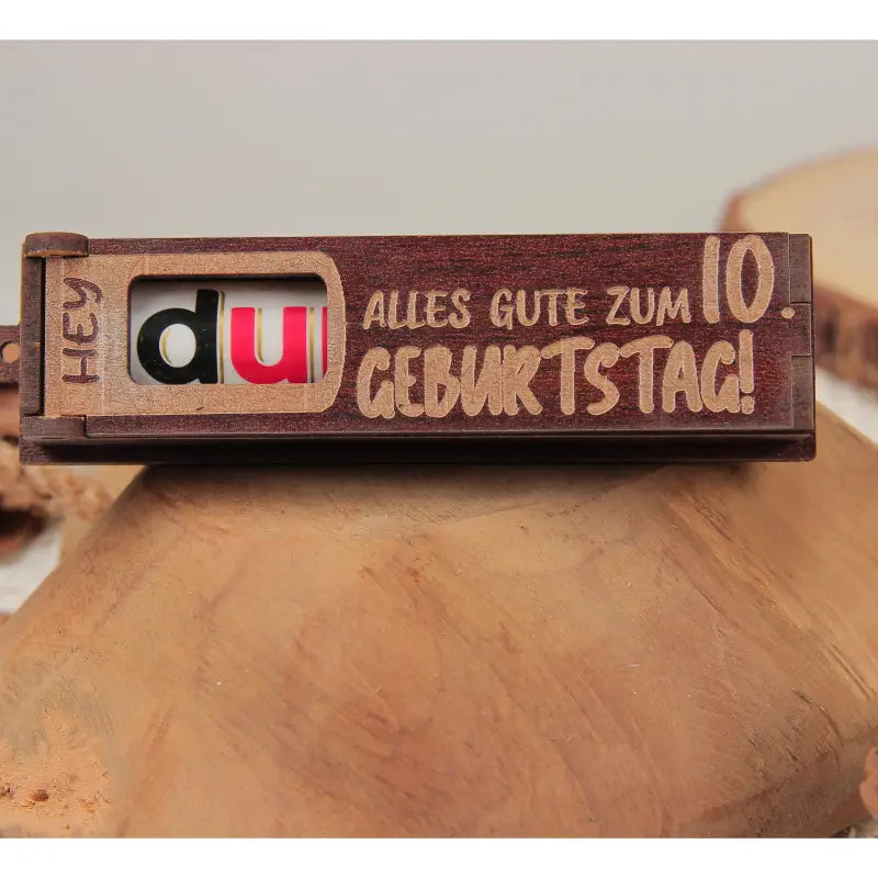 Holz Geburtstag Geschenkbox dunkelbraun mit drehbaren Buchstaben für Geburtstagsgrüße