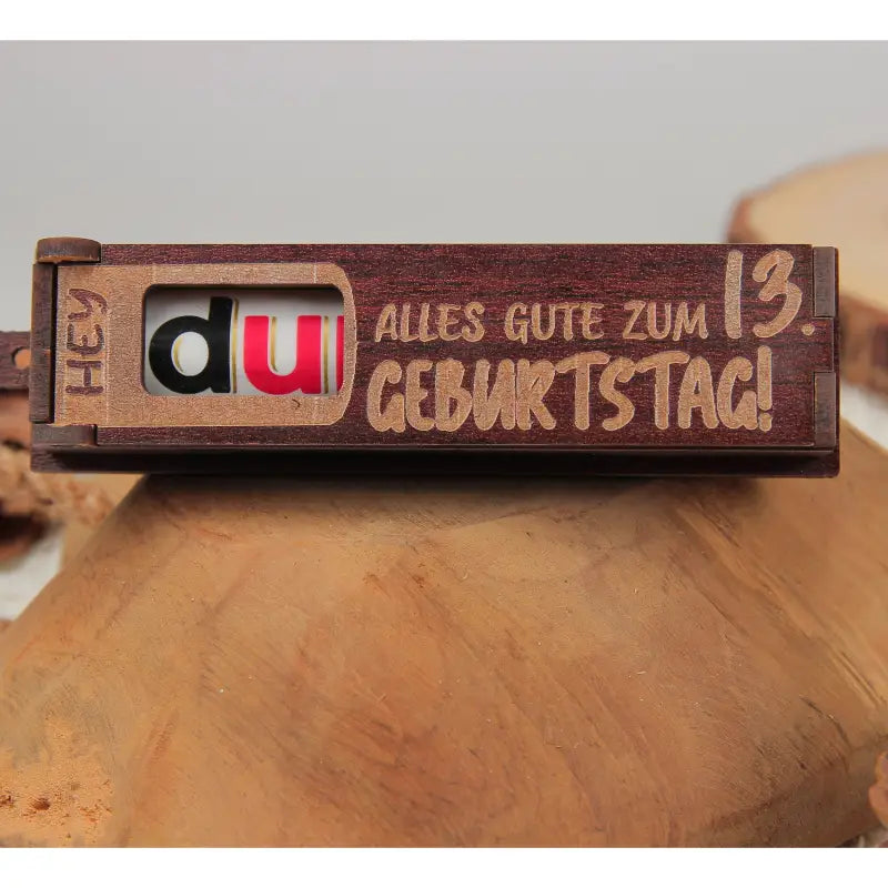 Holz Geburtstag Geschenkbox Dunkelbraun mit drehbaren Buchstaben als Nachricht