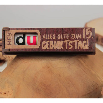 Holz Geburtstag Geschenkbox dunkelbraun mit drehbaren Buchstaben für Geburtstagsgrüße