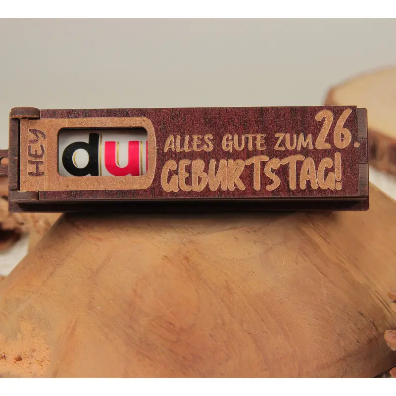 Holz Geburtstag Geschenkbox dunkelbraun mit drehbaren Buchstaben für Geburtstagsgrüße