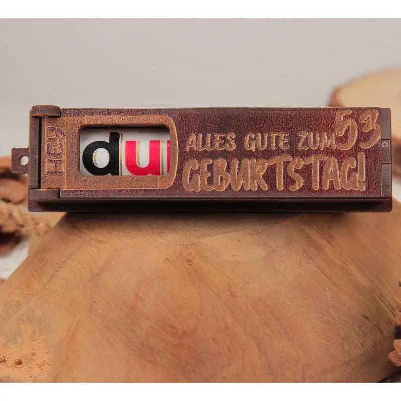 Engraved wooden birthday greeting box in dunkelbraun with rotating letters for Geburtstag