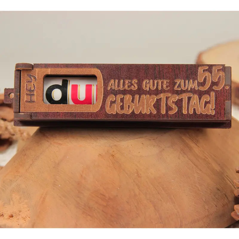 Holz Geburtstag Geschenkbox dunkelbraun mit drehbaren Buchstaben für Geburtstagsgruß
