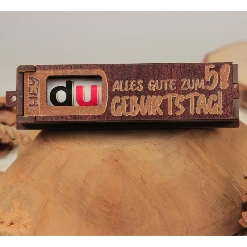 Holz Geburtstag Geschenkbox dunkelbraun mit drehbaren Buchstaben für Geburtstagsgrüße