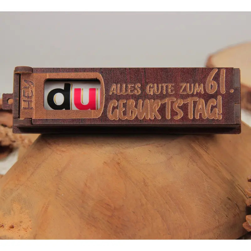 Holz Geburtstag Geschenksbox dunkelbraun mit drehbaren Buchstaben für den Geburtstag